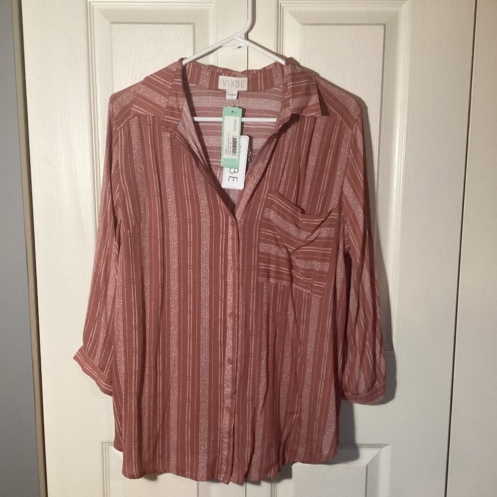 Dark Pink Striped Vixbe button down shirt: Size Medium